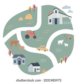 Cute village map with houses and animals. Hand drawn vector illustration of a farm. Town map creator.