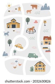 Cute Village Map With Houses And Animals. Hand Drawn Vector Illustration Of A Farm. Town Map Creator.