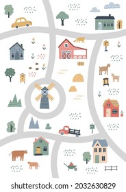 Cute Village Map With Houses And Animals. Hand Drawn Vector Illustration Of A Farm. Town Map Creator.