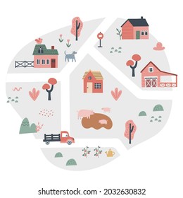 Cute village map with houses and animals. Hand drawn vector illustration of a farm. Town map creator.