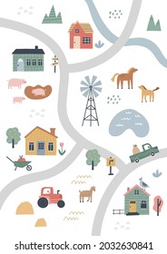 Cute village map with houses and animals. Hand drawn vector illustration of a farm. Town map creator.