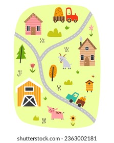 Cute village map with houses and animals. Hand drawn vector illustration of a farm. Town map creator.