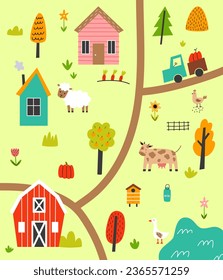 Cute village map with houses and animals. Hand drawn vector illustration of a farm. Town map creator.