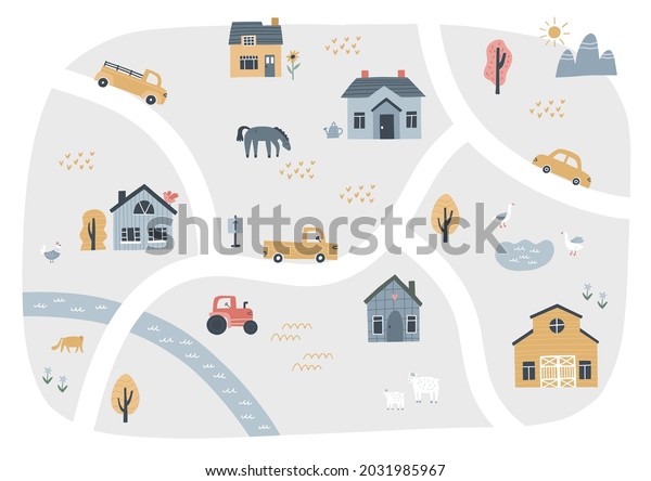 Cute Village Map Houses Animals Hand Stock Vector (Royalty Free) 2031985967