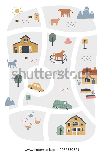 Cute village map with houses\
and animals. Hand drawn vector illustration of a farm. Town map\
creator.