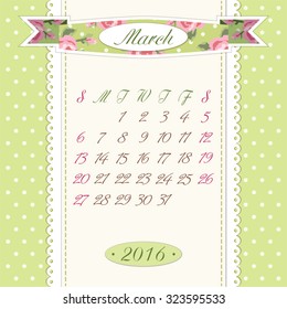 Cute vintage 2016 calendar pages in shabby chic style