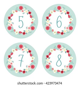 Cute vintage alphabet elements as rustic wreath with hand drawn flowers and hand written numbers for your decoration