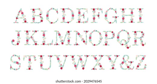 Cute vintage alphabet letters with hand drawn rustic flowers