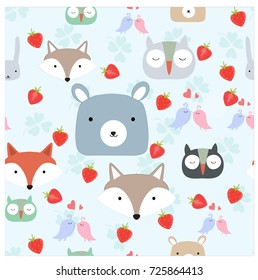 Cute Vintage animal face baby teddy bear fox wolf owl bird rabbit bunny and strawberry on blue background seamless pattern illustration vector doodle comic art