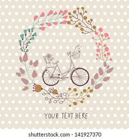 Cute vintage background with bicycle and place for your text. Dachshund and plants in bike basket. Celebration card. Birthday concept. Spring  garden wreath.