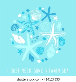 Cute vintage background with hand drawn shells and starfishes and hand written text for your decoration