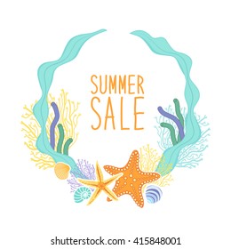 Cute vintage background with hand drawn shells and starfishes and hand written text Summer Sale for your decoration
