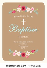 Cute vintage Baptism invitation card with hand drawn flowers for your decoration