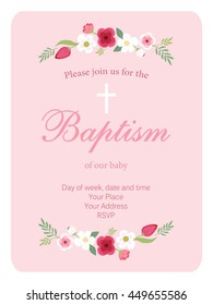 Cute vintage Baptism invitation card with hand drawn flowers for your decoration