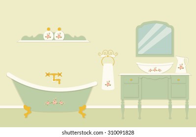 Cute vintage bathroom interior with typical bath and furniture elements in shabby chic style