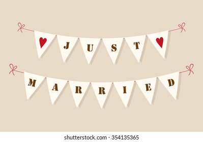 Cute vintage bunting flags with hearts and letters Just Married ideal for scrap booking as wedding decoration