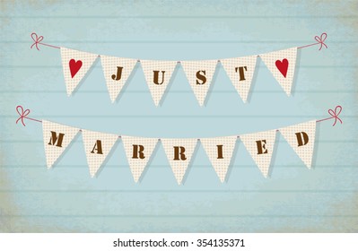 Cute vintage bunting flags with hearts and letters Just Married ideal for scrap booking as wedding decoration