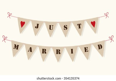 Cute vintage bunting flags with hearts and letters Just Married ideal for scrap booking as wedding decoration