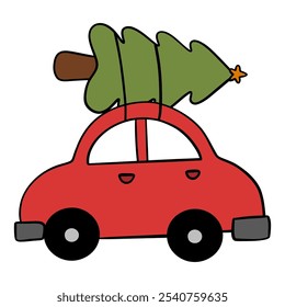 Cute vintage car on top of Christmas tree  Vector illustration.
