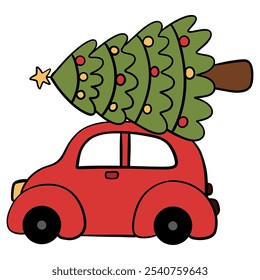 Lindo coche vintage en la parte superior de la Ilustración vectorial del árbol de Navidad.
