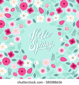 Cute vintage card with frame of rustic hand drawn first spring flowers and hand written text as lettering Hello Spring