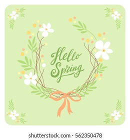 Cute vintage card with rustic hand drawn wreath of first spring flowers and hand written text as lettering Hello Spring