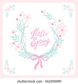 Cute vintage card with rustic hand drawn wreath of first spring flowers and hand written text as lettering Hello Spring