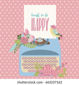 Cute vintage card with typewriter. Vector illustration