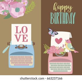 Cute vintage card with typewriter. Vector illustration