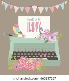 Cute vintage card with typewriter. Vector illustration