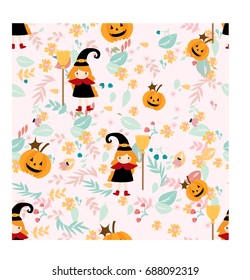 Cute vintage cartoon happy Halloween,adorable witch girl kids,seamless pumpkin with romantic flower and pastel leaf background pattern vector