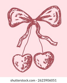 Cute vintage cherry in heart shape with coquette pink bow. Freehand whimsial sketch