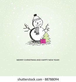 Cute vintage christmas card with snowman