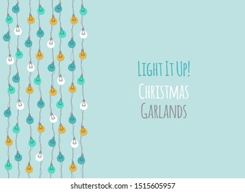 Cute vintage Christmas design with hand drawn light bulb garlands backround, can be used as template for banner 