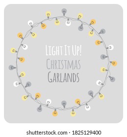 Cute vintage Christmas design with hand drawn light bulb garlands backround, can be used as template for banner, card or flyer, vector illustration for your decoration