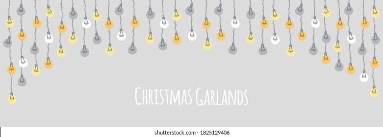 Cute vintage Christmas design with hand drawn light bulb garlands horizontal banner backround, can be used as template for banner, card or flyer, vector illustration for your decoration