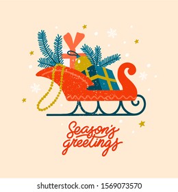 Cute vintage christmas illustration with cartoon festive sleigh filled with  presents and calligraphy lettering "Merry Christmas" decorated with snowflakes and golden stars on pink background