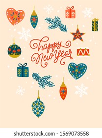 Cute vintage christmas illustration with red calligraphy lettering "Merry Christmas and Happy New Year" and pine branch decorated baubles and candes with snowflakes and golden stars on pink background