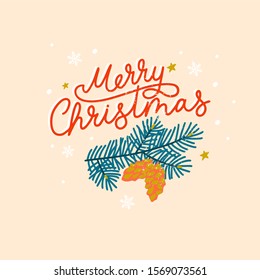 Cute vintage christmas illustration with red calligraphy lettering "Merry Christmas" and pine cone branch decorated with snowflakes and golden stars on pink background