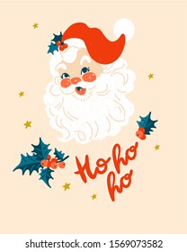 Cute vintage christmas illustration with smiling cartoon Santa Claus saying "Hohoho" decorated with snowflakes and golden stars on pink background