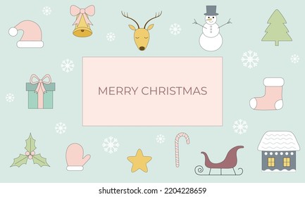 Cute vintage Christmas New Year card banner in pastel colors. Retro style holiday stationery gift card template with copy space
