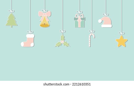 Cute vintage Christmas New Year card banner in pastel colors with ornaments hanging on string. Retro style holiday poster template with copy space