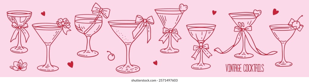 Cute vintage cocktail elements decorated with coquette bows, ribbons. Flowers, hearts, cherry with champagne and martini glasses. Elegant Hand drawn line art vector illustrations for Valentine's day.