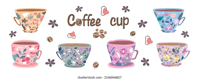 Cute vintage coffee cup set Designed in doodle style for digital printing, background, card decoration, coffee shop, clothing design, bag, sticker, pillow, scrapbook, t-shirt design and more.