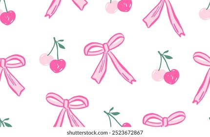 Lindo patrón de coqueta vintage sin fisuras arco de cinta rosa y cerezas rosadas, diseño de Vector