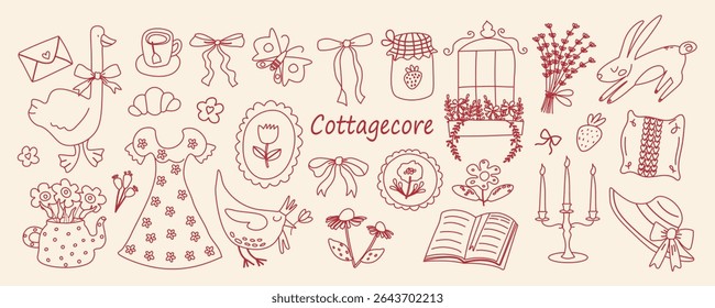 Cute vintage cottagecore elements in hand drawn sketch style. Line art of flowers, bows, goose, butterfly, strawberry. Rustic countryside lifestyle. Vector illustration for farm, garden, nature.
