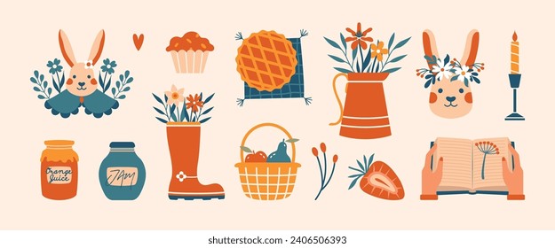 Cute vintage cottagecore illustrations with white rabbit, flowers, plants, books, jar with jam, basket with fruits, jug, boots, pie, baking. Farm life. Village aesthetic. Set of cartoon clip arts.