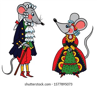 Cute vintage couple - man and woman mouse in royal clothes. Colored vector for card or gift.