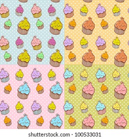 Cute vintage cupcake seamless texture with polka dot on the backdrop