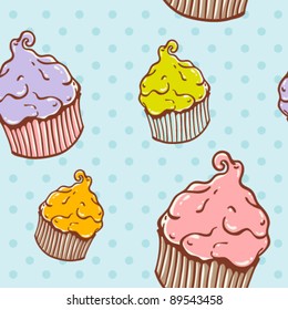 Cute vintage cupcake seamless texture with polka dot on the backdrop